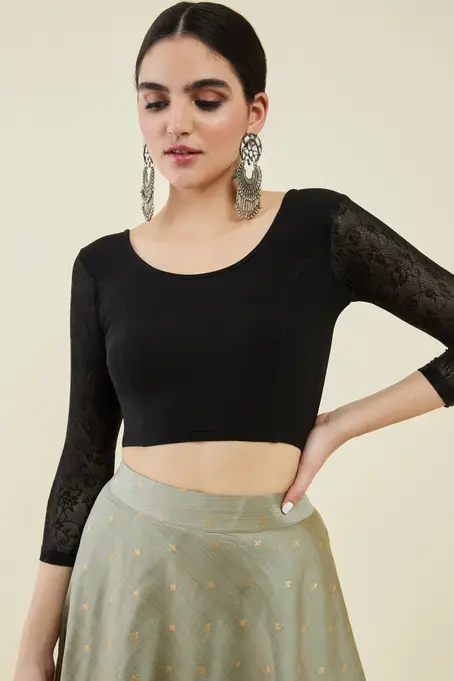 Black Full Sleeve Crop Blouse – Black & Grey